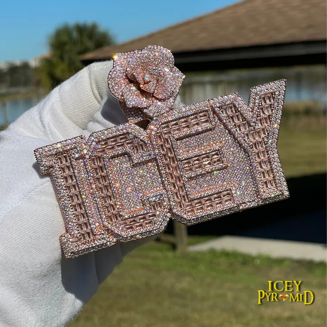 Rising Rose Edition Iced Out Personalized Custom Name Necklace Pendant with Rose Flower Bail - Luxury Jewelry - CaratixJewelry